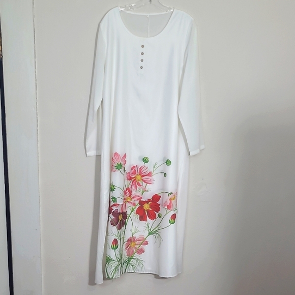 Maxi White Dress Milkmaid Bohemian Floral Print Scoop Neck Long Sleeve - Picture 1 of 9